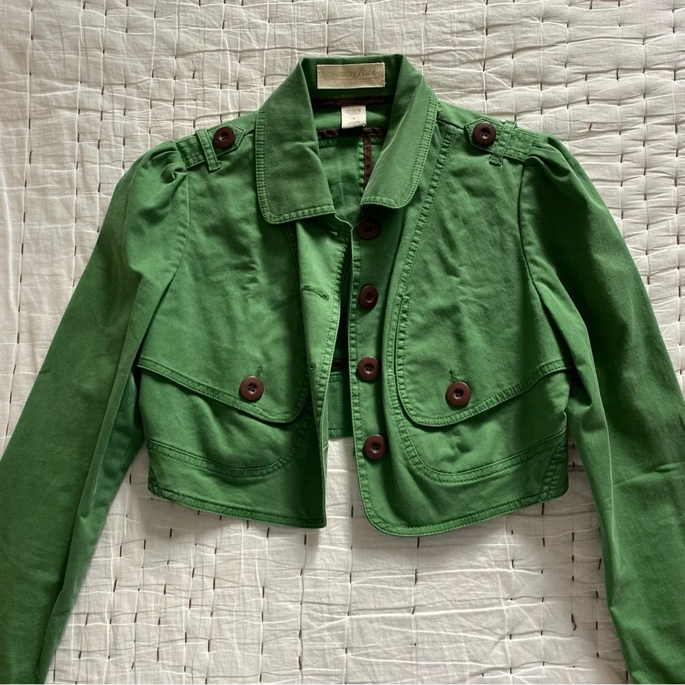 London Jean Chino Stretch Green Cropped Jean Jacket Size S - Picture 8 of 9